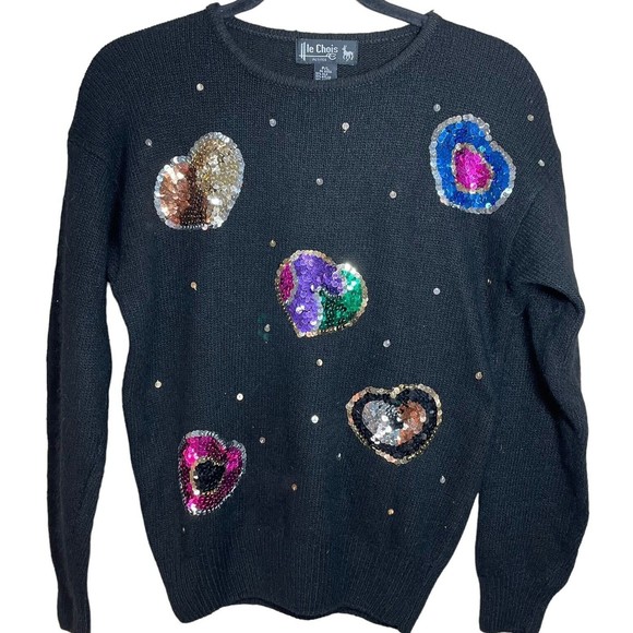 Le Chois Vintage Sweater Pullover Sequin Hearts‎ Petite L Silk Angora Lambs wool - Picture 4 of 11